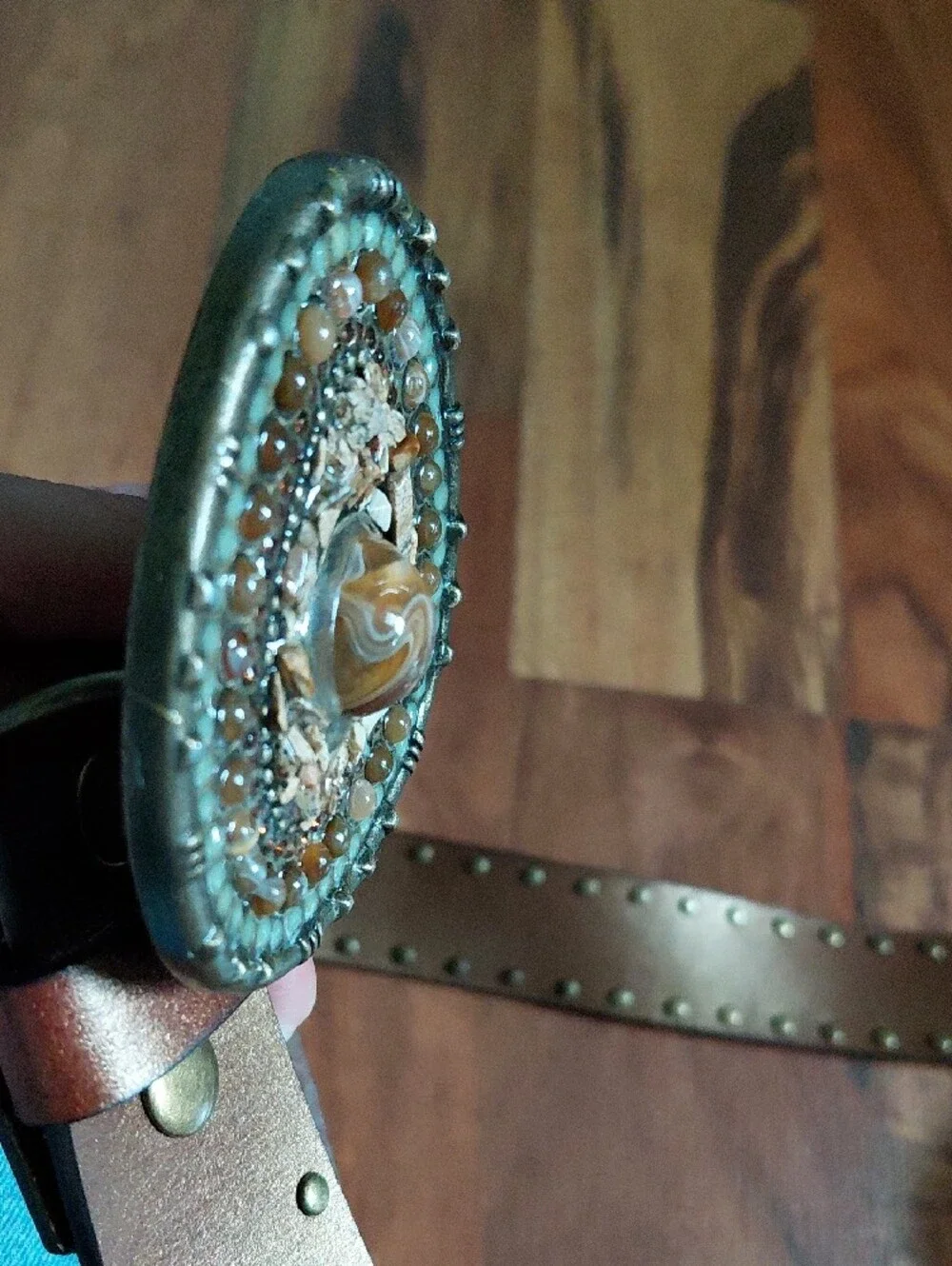 Boho Beaded Stone Buckle Genuine Bonded Leather Belt Turquoise Western Rodeo L